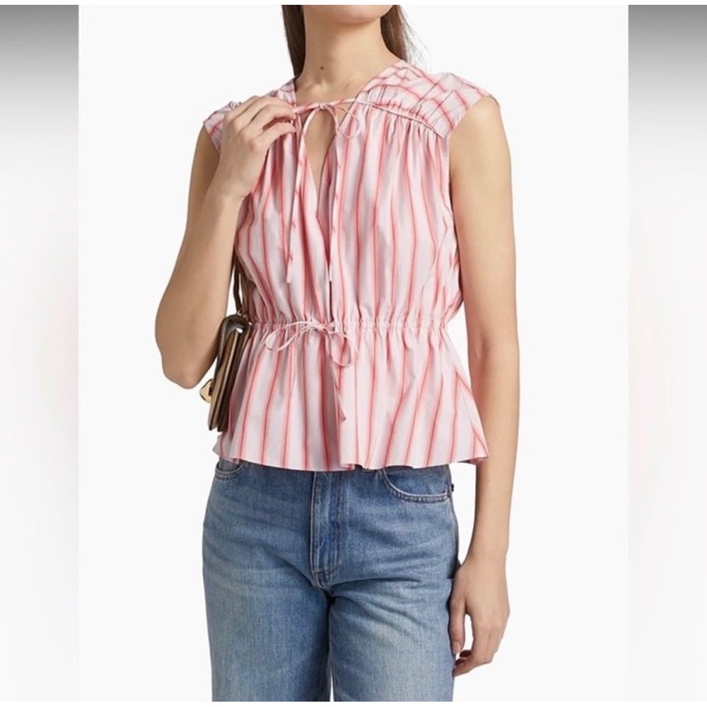 Derek Lam 10 Crosby Pink Red Striped Drawstring Peplum Sleeveless Top XL NWOT